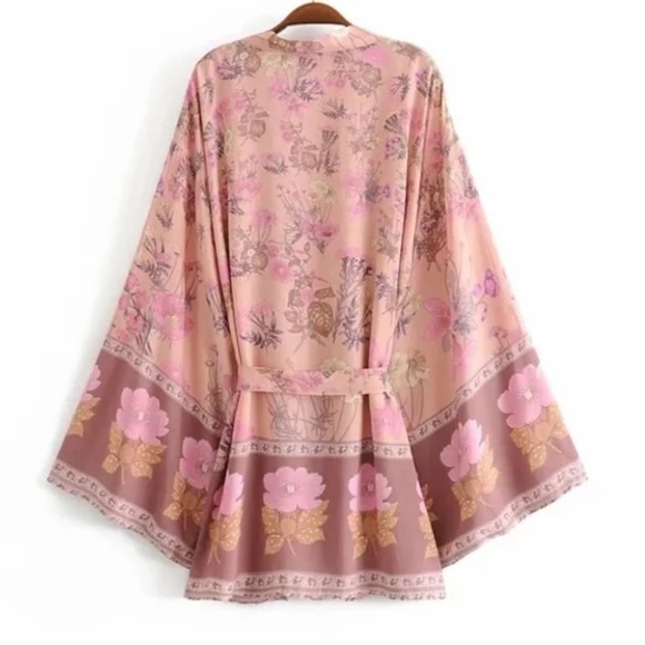 Pink Festival Bohemian Flower Floral Boho Printed Short Kimono Robe Tunic Wrap - Picture 3 of 14